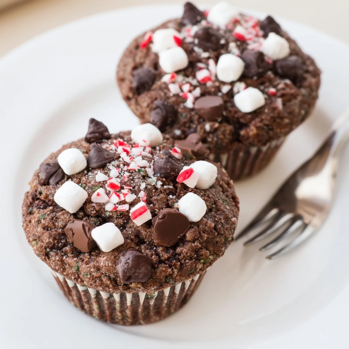 A plate of Peppermint Hot Chocolate Muffins dusted with crushed peppermint, steam rising.