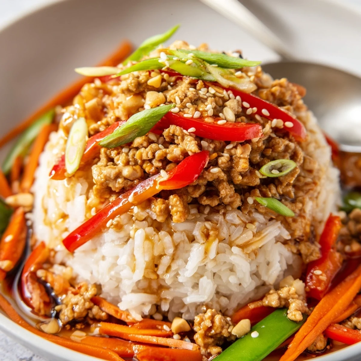 Teriyaki Turkey Rice Bowls with glossy brown sauce over fluffy jasmine rice