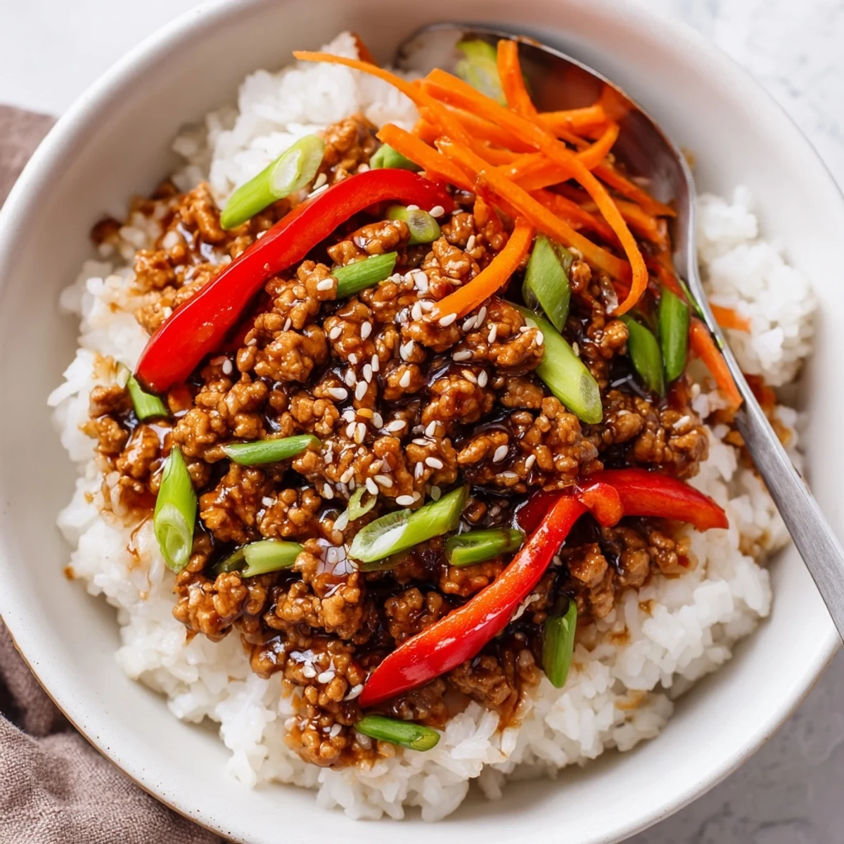 Steaming Teriyaki Turkey Rice Bowls topped with sesame seeds and sliced scallions