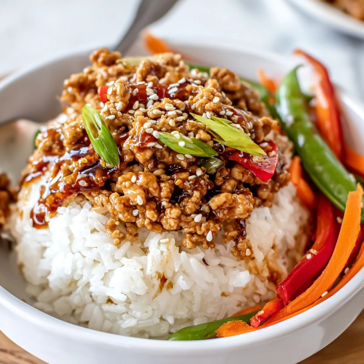Bright Teriyaki Turkey Rice Bowls piled with tender turkey, crisp vegetables, sriracha drizzle