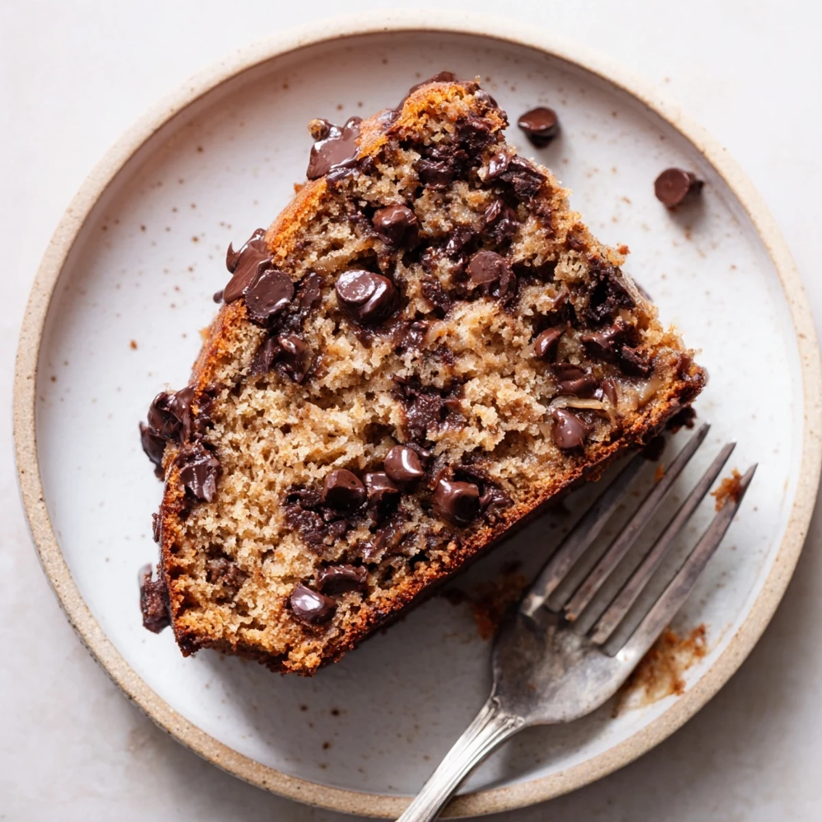 Warm Banana Chocolate Chip Cake Recipe cooling on rack, gooey chips visible