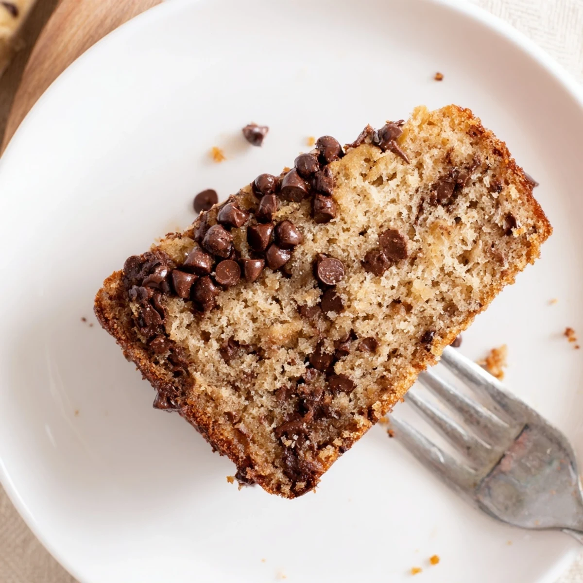 Sliced Banana Chocolate Chip Cake Recipe served warm with melting vanilla ice cream