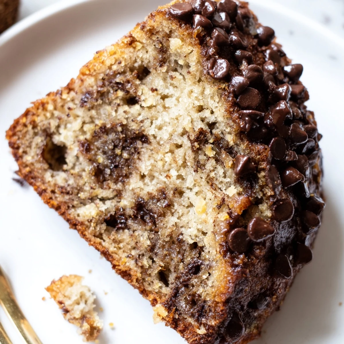 Close-up of moist Banana Chocolate Chip Cake Recipe, bananas fragrant, chocolate pockets