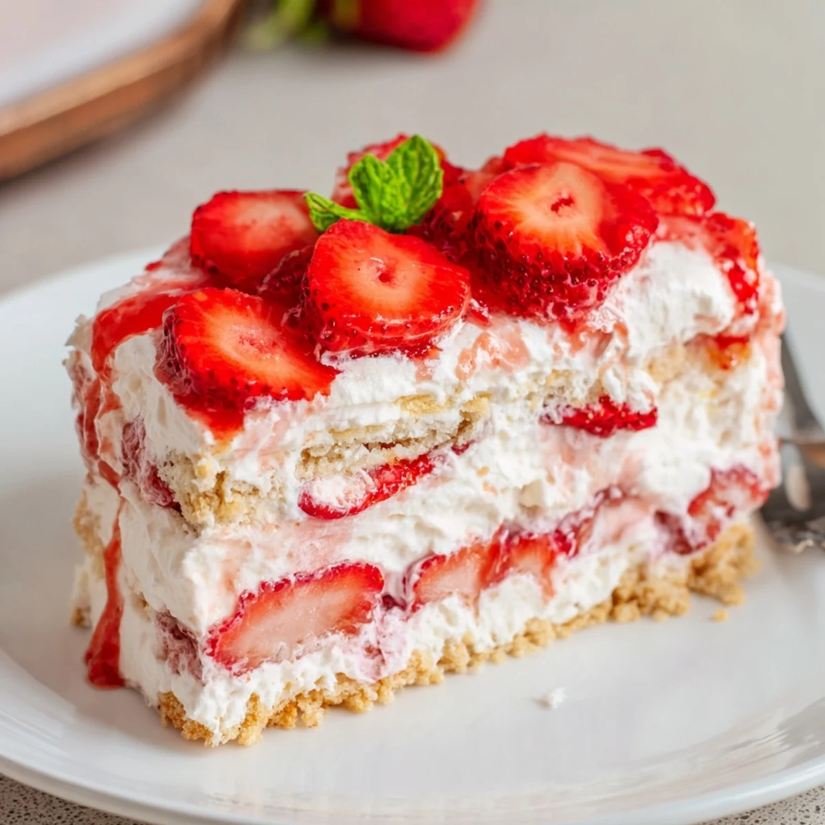 Creamy No Bake Strawberry Shortcake Dessert chilled with juicy macerated strawberries and mint
