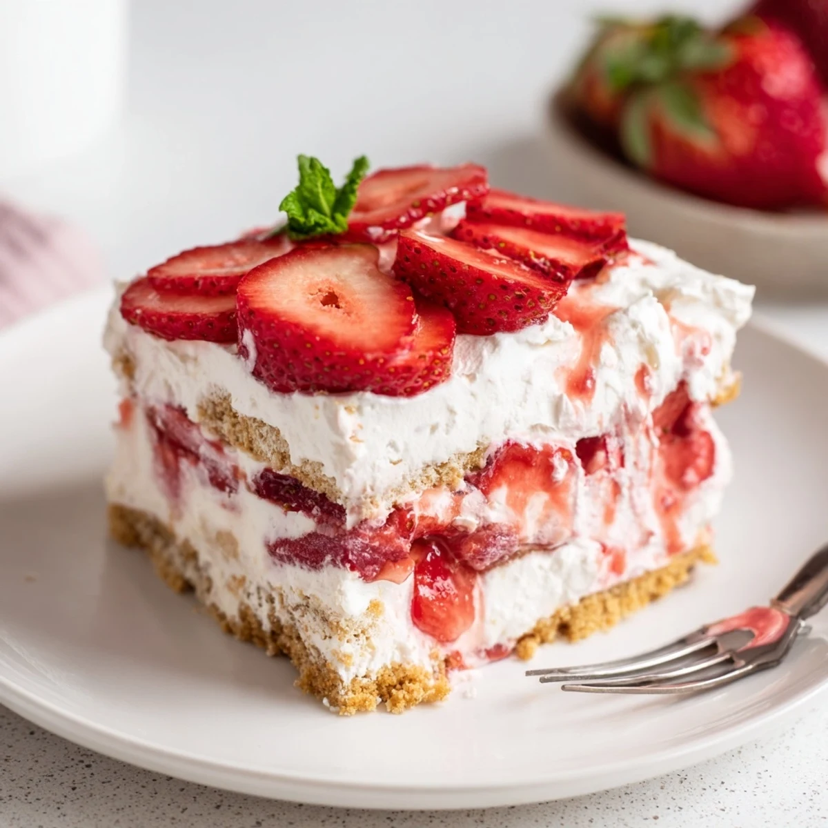 Lightly sweet No Bake Strawberry Shortcake Dessert with vanilla cream and fresh berries