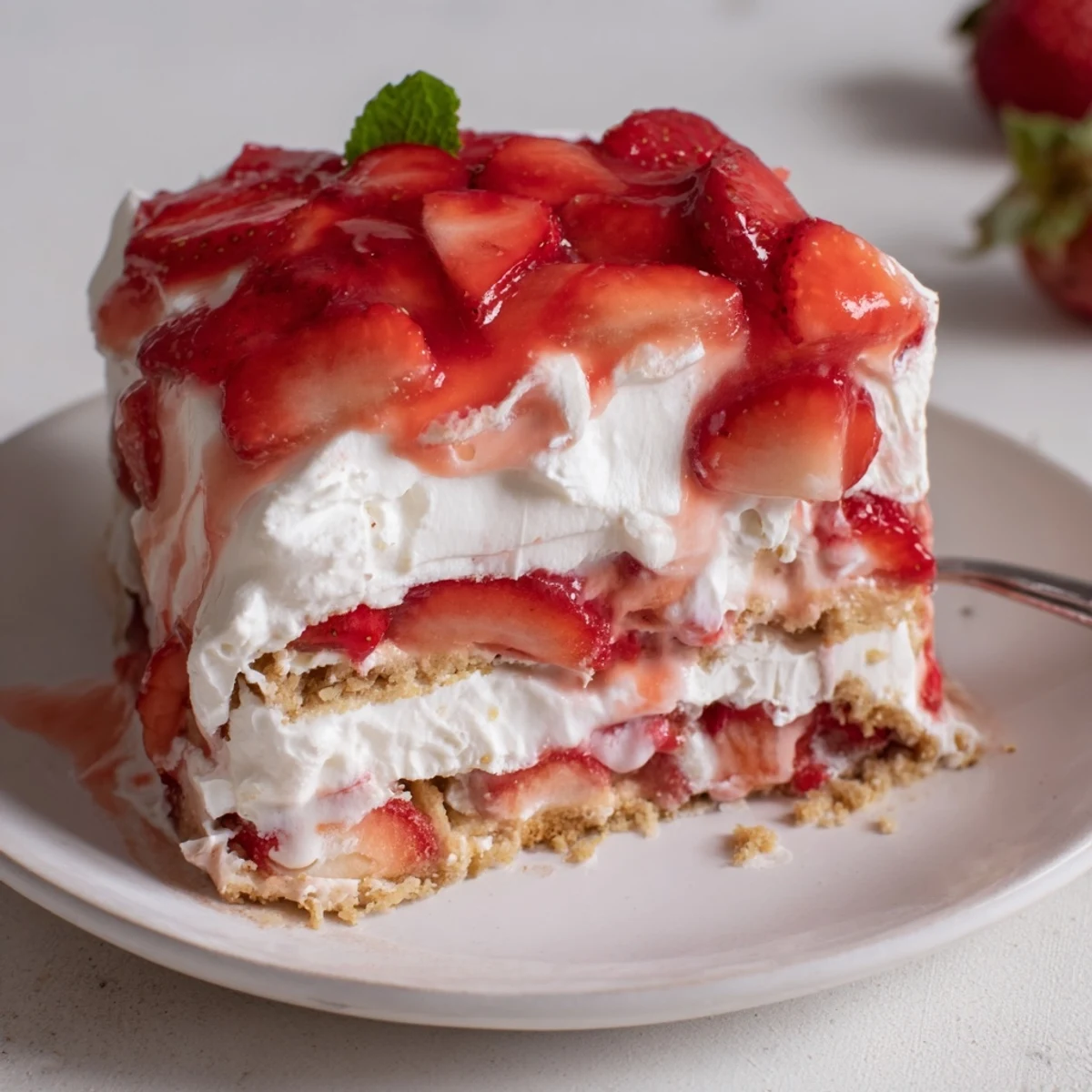 Layered No Bake Strawberry Shortcake Dessert in dish, graham cracker base, ready to spoon