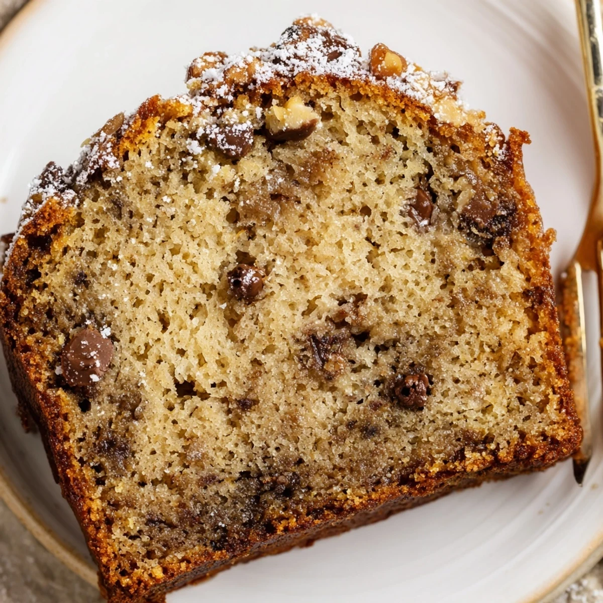 Freshly sliced Banana Bread Cake Recipe on plate, cinnamon aroma, soft crumb