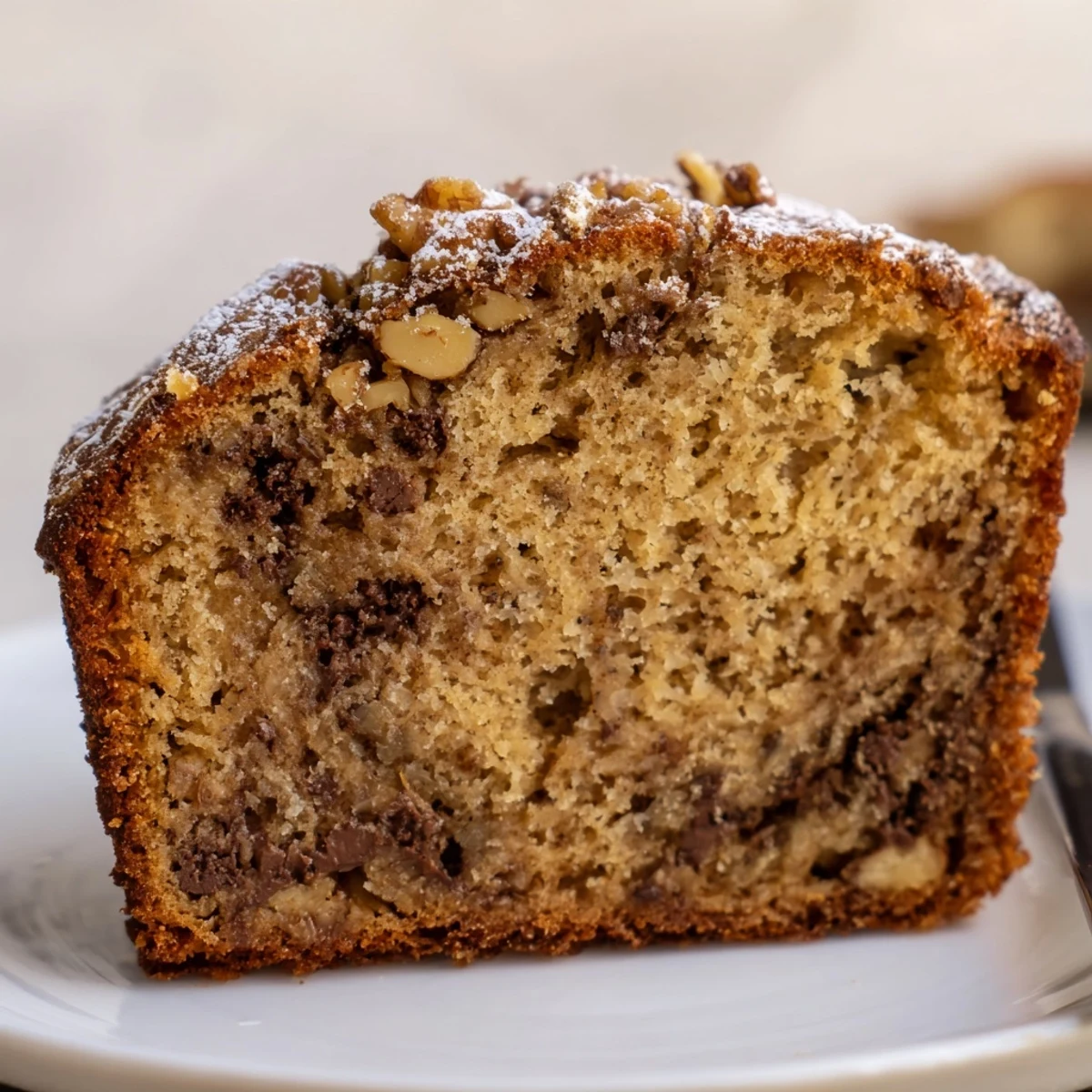 Banana Bread Cake Recipe served warm with melting vanilla ice cream, tender bite