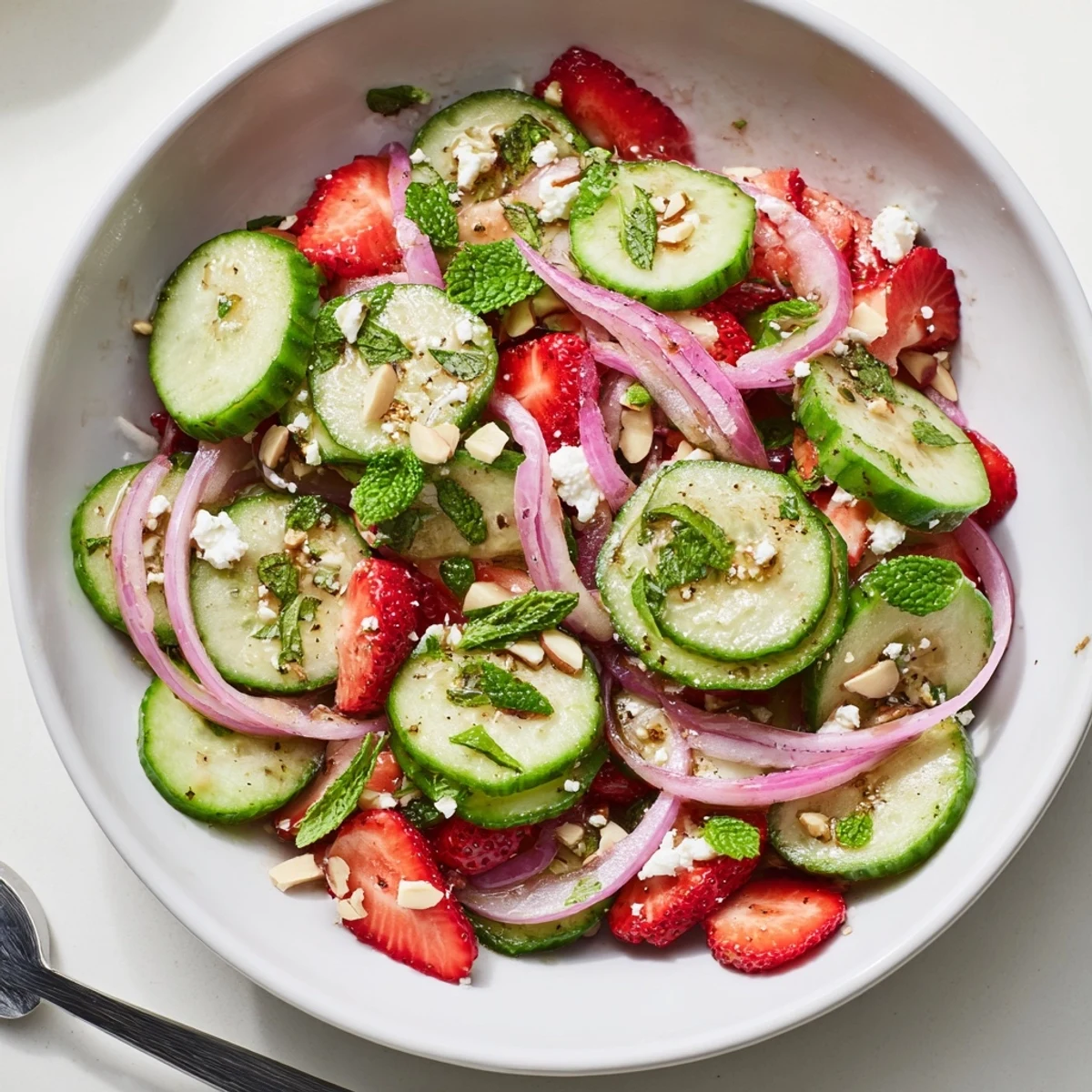 Cucumber Strawberry Salad Recipe with crisp cucumbers, juicy berries, mint and feta
