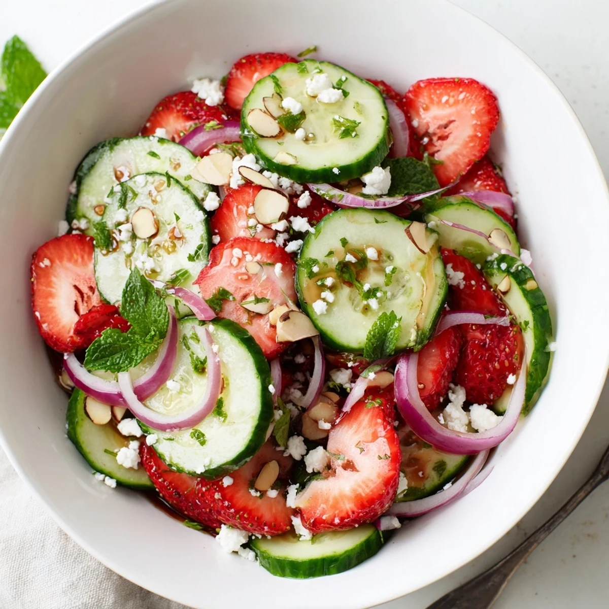 Bright Cucumber Strawberry Salad Recipe served chilled with balsamic drizzle, crunchy almonds