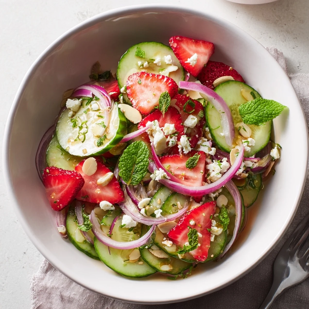 Easy Cucumber Strawberry Salad Recipe tossed in tangy dressing, perfect for summer