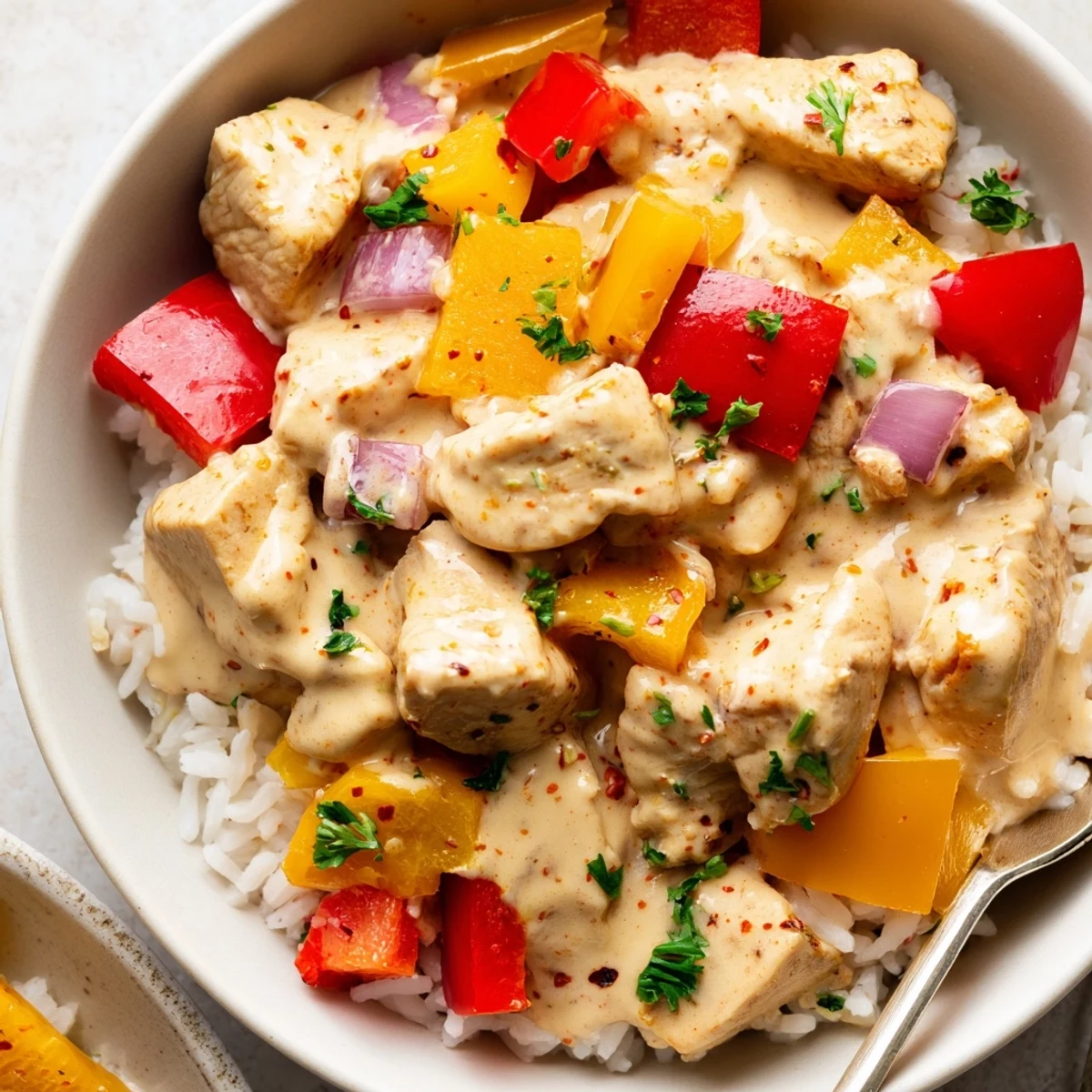 Creamy Cajun Chicken Rice Bowls with tender chicken, peppers, and fluffy rice