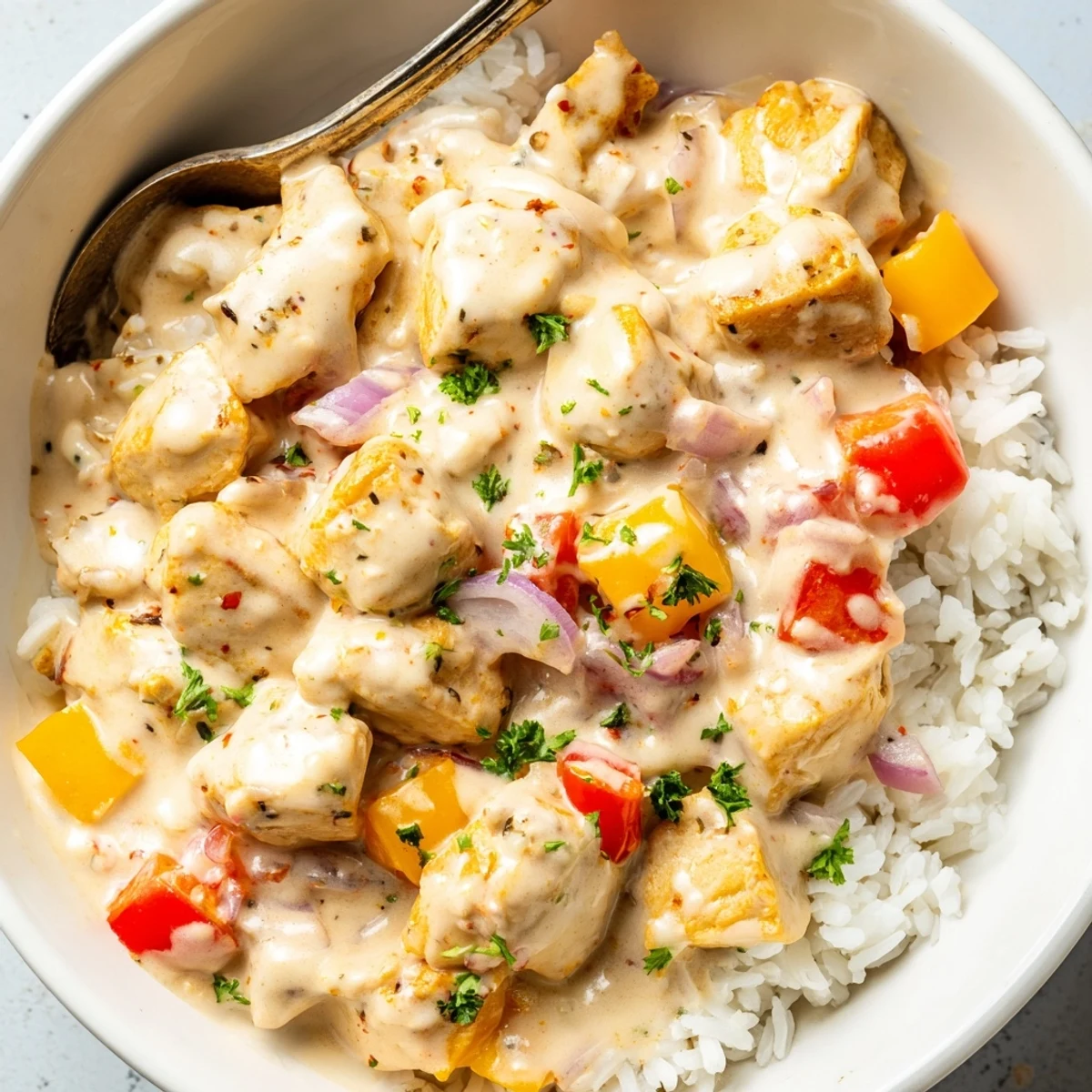 Hearty Creamy Cajun Chicken Rice Bowls served warm, garnished with fresh parsley