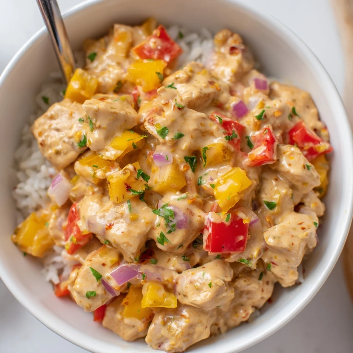 Skillet-to-bowl Creamy Cajun Chicken Rice Bowls, silky sauce coating each bite