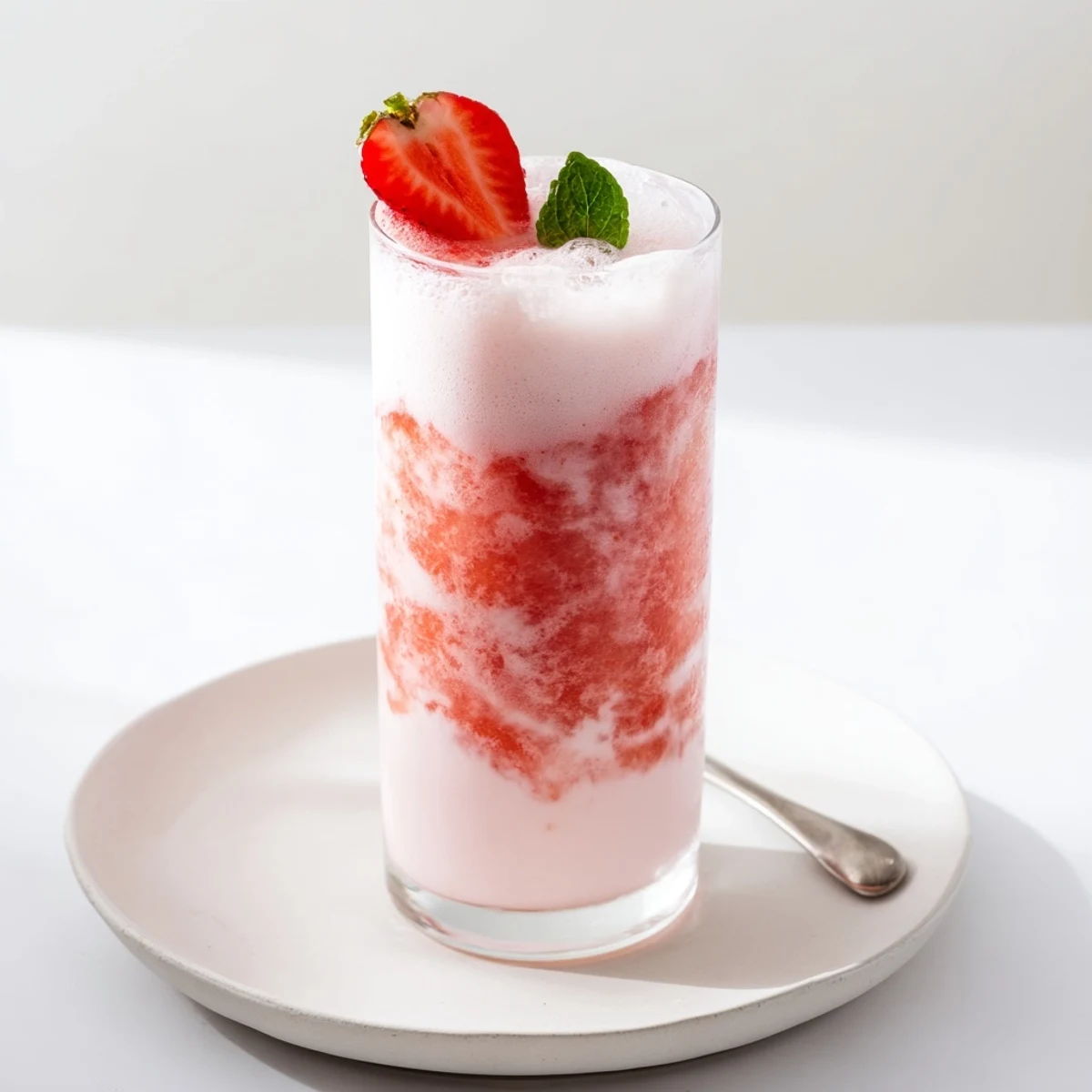 Strawberry Coconut Cooler in chilled glass, frothy pink texture, mint garnish.