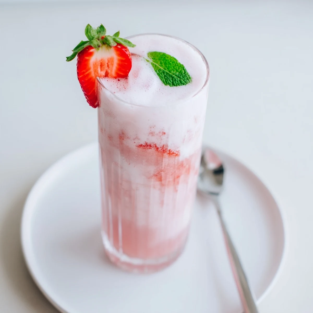Glass of Strawberry Coconut Cooler ready to serve, creamy, tangy lime finish.