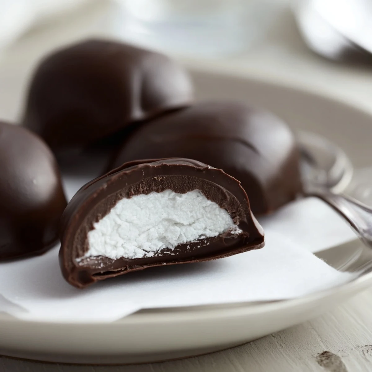 Peppermint Patties glistening with dark chocolate, chilled on parchment for serving
