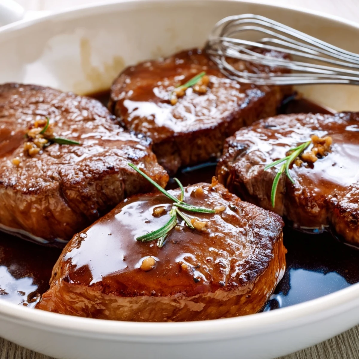 Steak Marinade glistening in bowl with minced garlic, lemon zest, and rosemary.