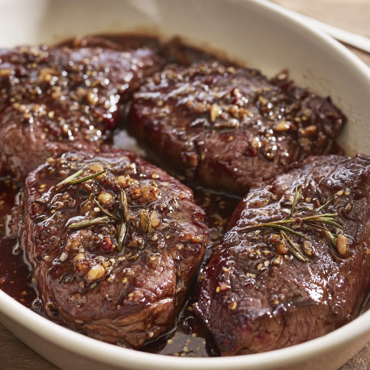 Homemade Steak Marinade poured over ribeye, glossy brown sauce, citrus brightness.