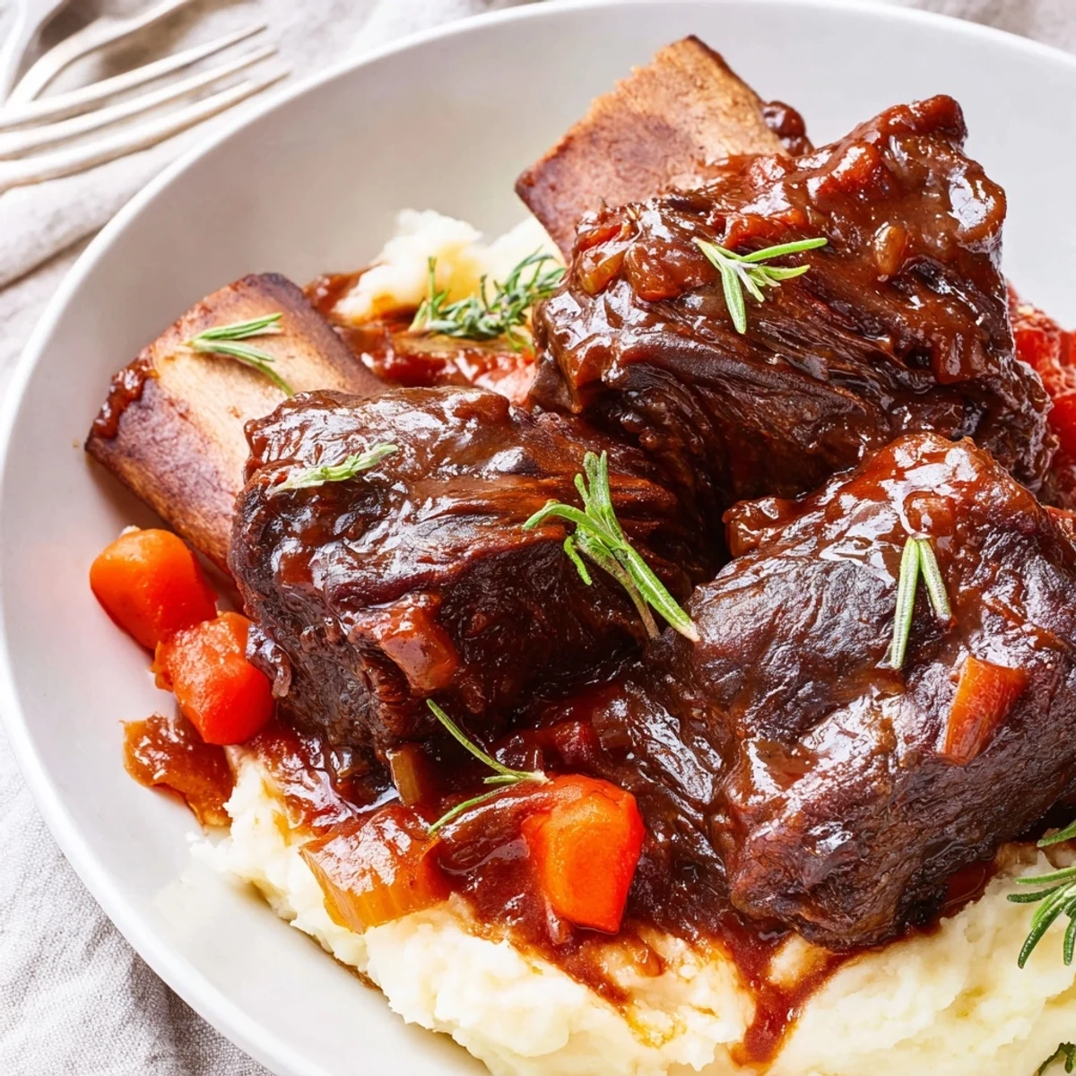 Caramelized onions and herbs surround Slow Cooker Beef Short Ribs, melt in your mouth