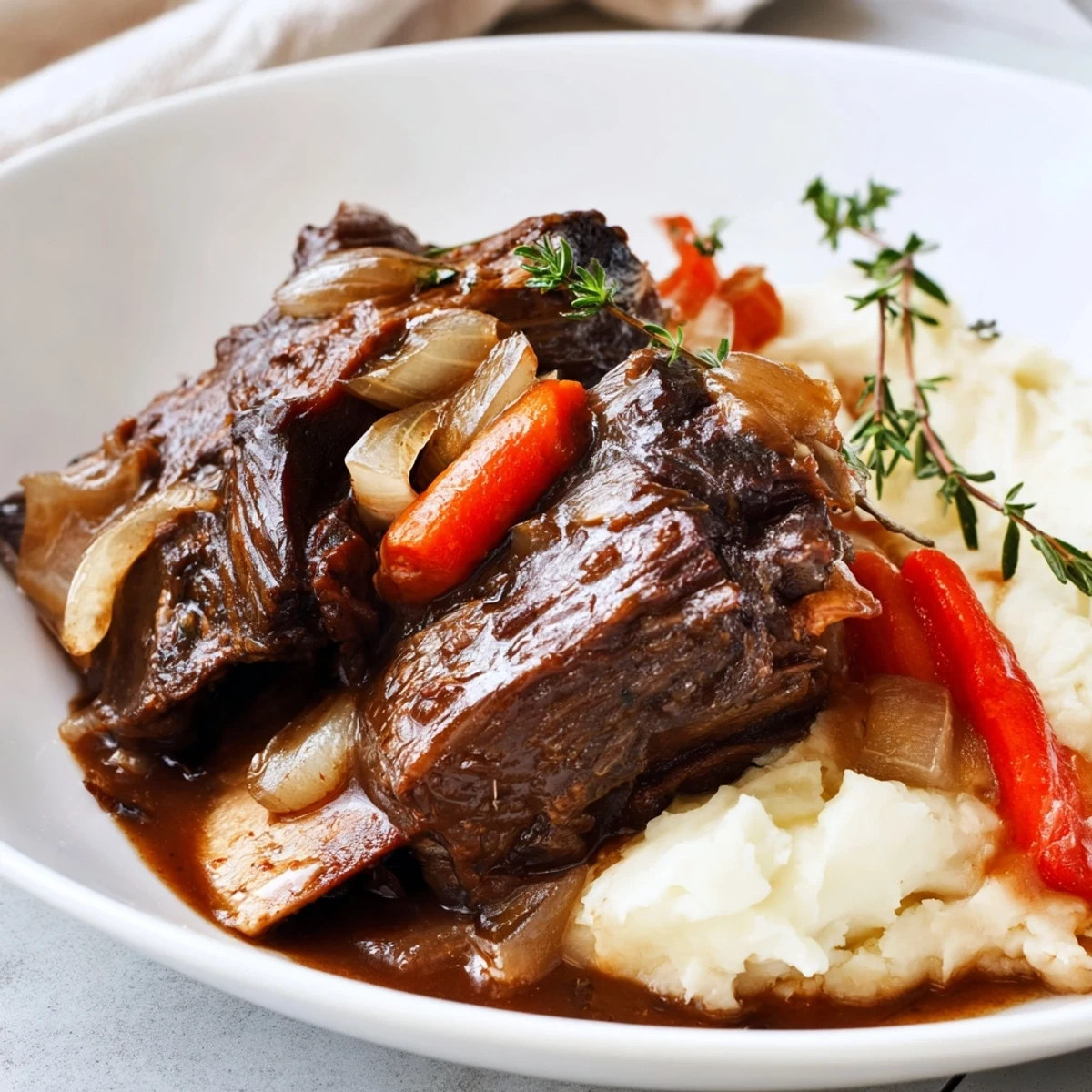 Serve Slow Cooker Beef Short Ribs over creamy mashed potatoes with savory gravy