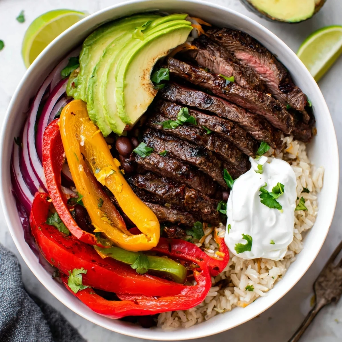 Steak Fajita Power Bowls with sizzling marinated steak, colorful peppers, lime wedges