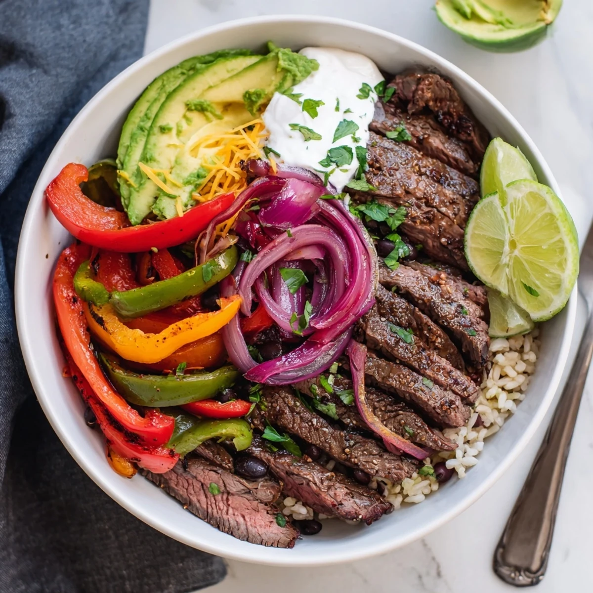 Steak Fajita Power Bowls served over warm brown rice with avocado slices