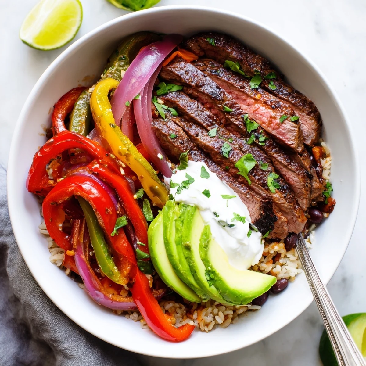 Close-up of Steak Fajita Power Bowls showcasing charred steak, sautéed onions, tomatoes