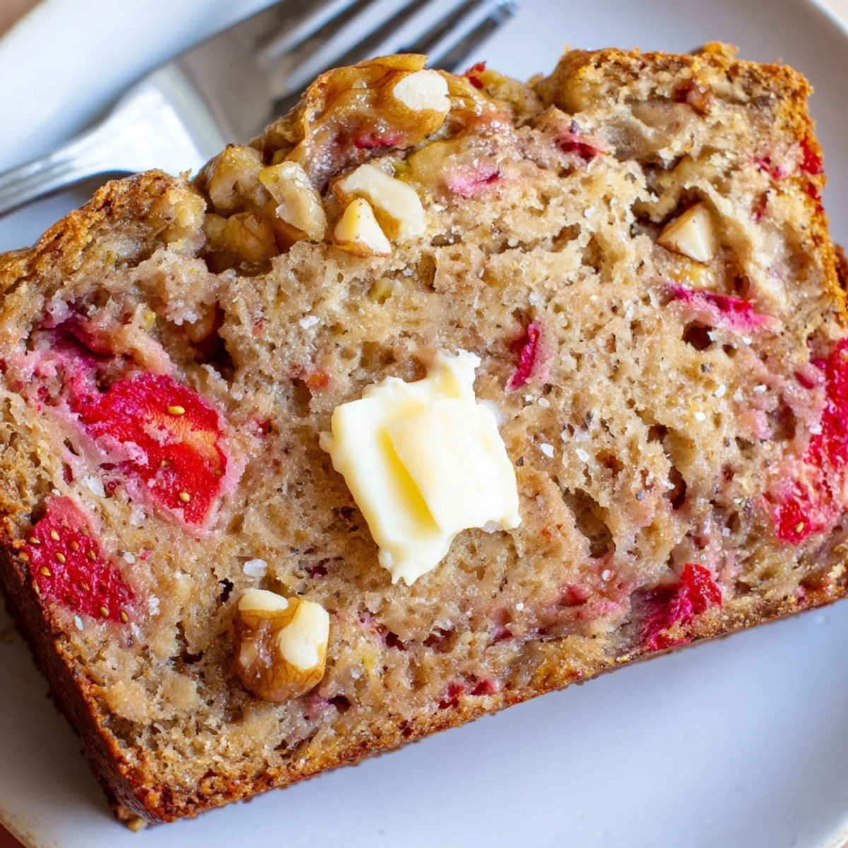 Fresh-baked Strawberry Banana Bread studded with diced strawberries, aroma of vanilla