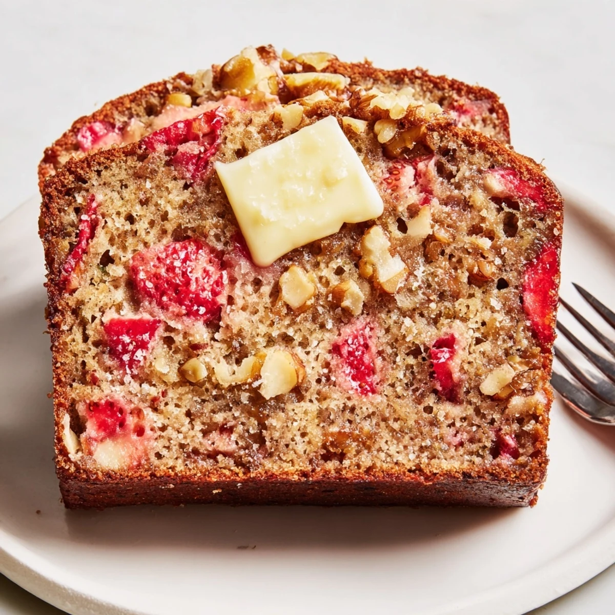 Strawberry Banana Bread glistening with warm butter, sliced on cooling rack