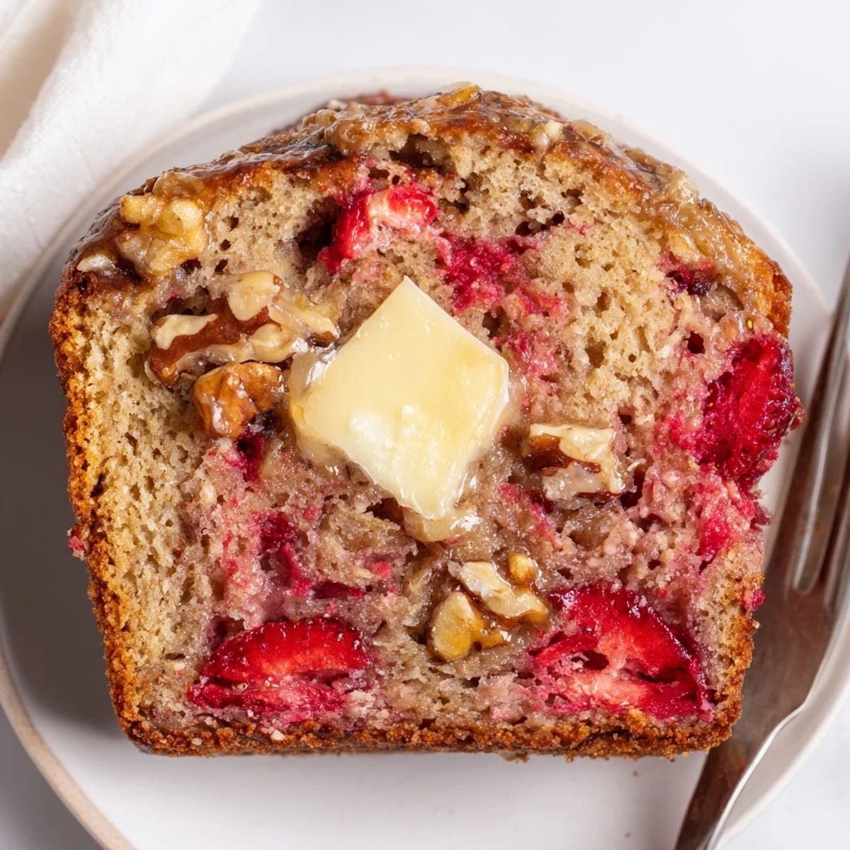 Close-up of Strawberry Banana Bread crumb, moist texture, hints of ripe banana
