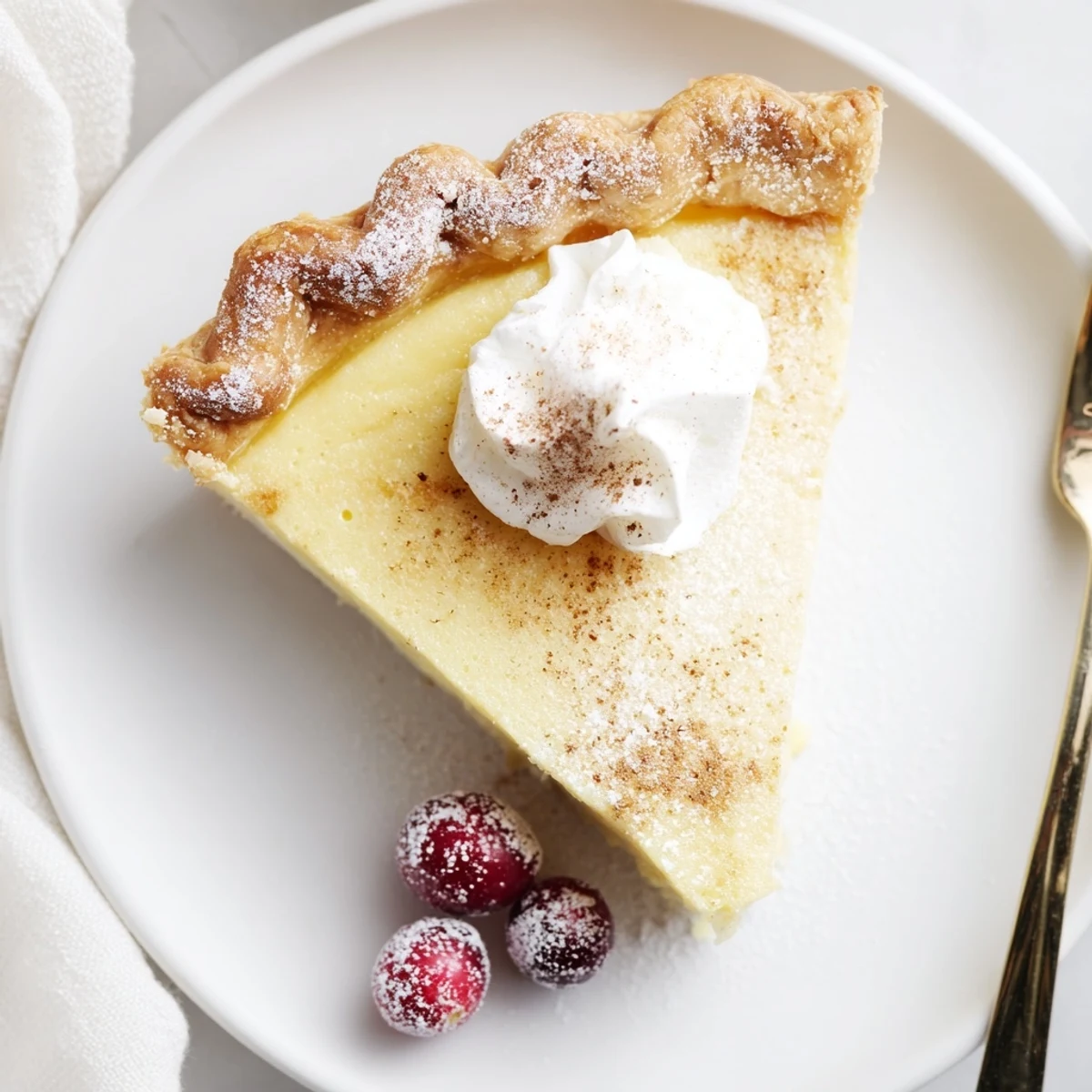 Lightly sliced Christmas Eve Custard Pie With Cinnamon Vanilla, creamy center, warm aroma.