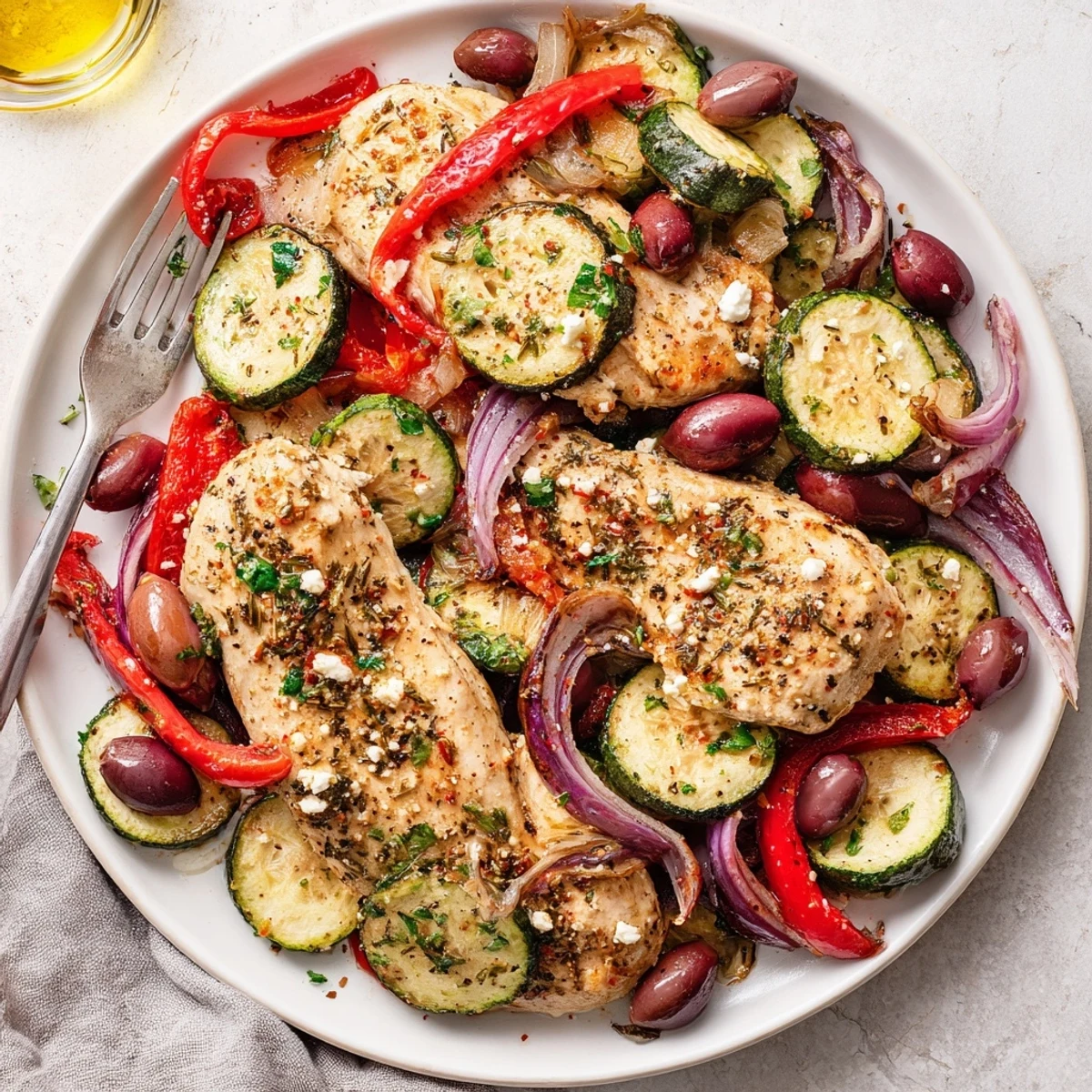 Glistening lemony pan juices over Sheet Pan Mediterranean Chicken Zucchini, ready to serve.