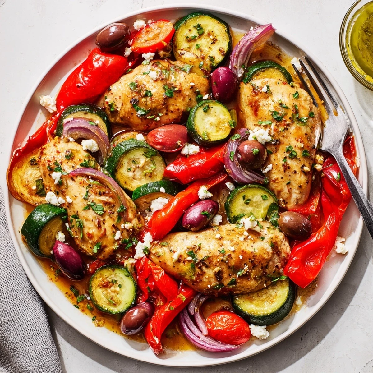 Sheet Pan Mediterranean Chicken Zucchini sizzling with roasted tomatoes, olives, and feta.