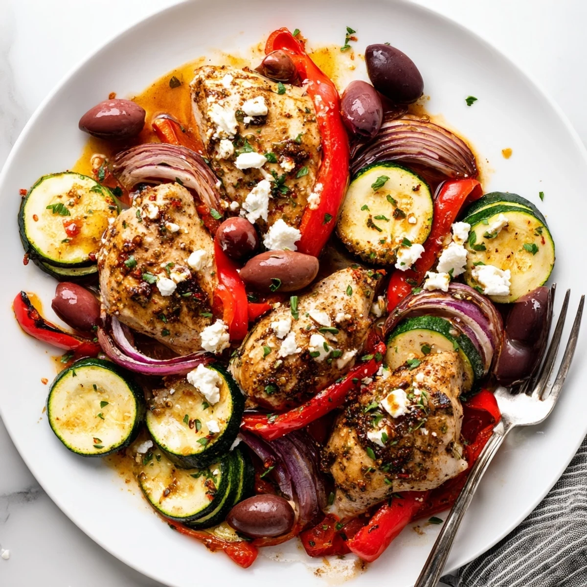 Juicy oven roasted vegetables and herbs surrounding the Sheet Pan Mediterranean Chicken Zucchini.