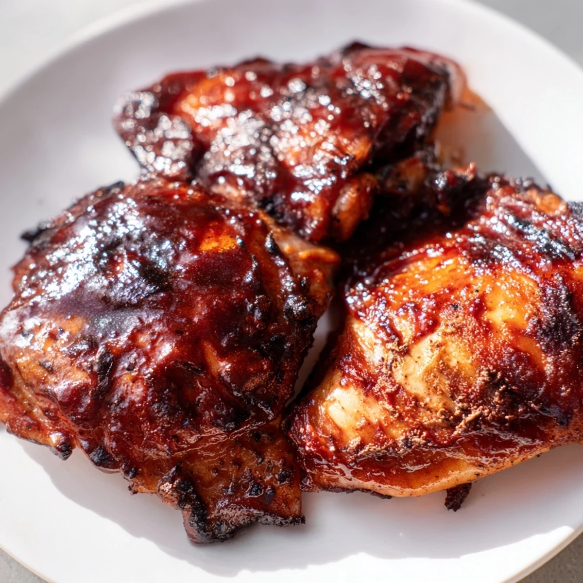 Golden glazed BBQ chicken thighs resting on a platter with glossy caramelized sauce and fresh herb garnish