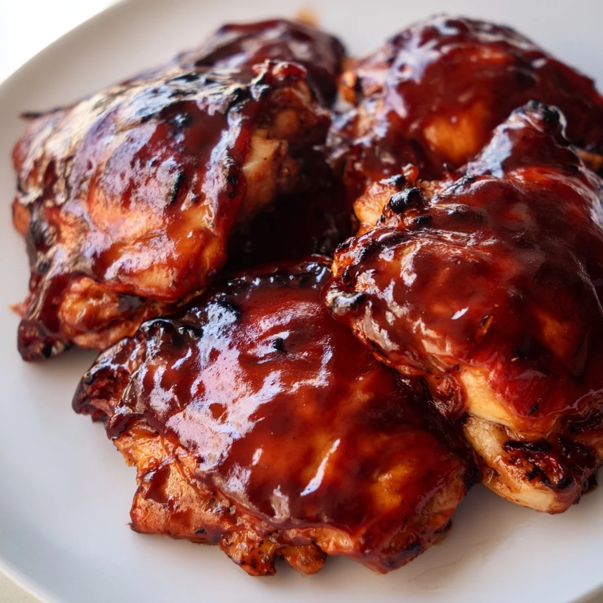 Juicy grilled BBQ chicken thighs featuring crispy charred edges and thick smoky barbecue coating