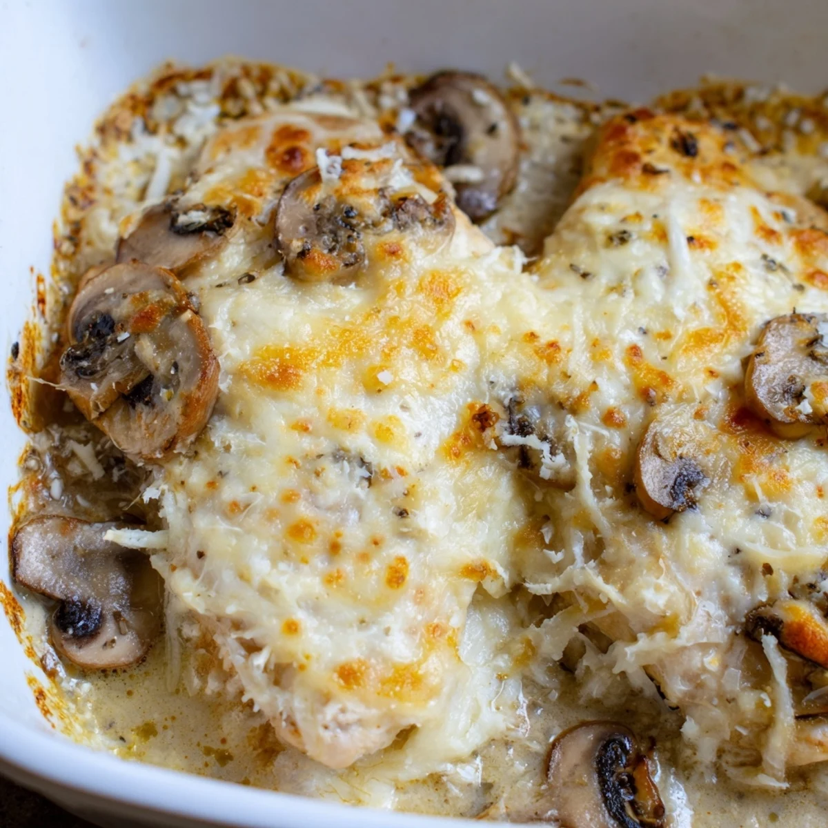 Golden melted mozzarella and Parmesan blanket tender chicken breasts atop sautéed mushrooms in this cheesy baked chicken dish