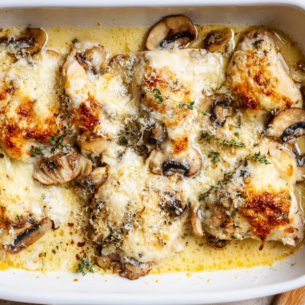 Bubbly browned cheese covers juicy seasoned chicken breast nestled with earthy sliced mushrooms in this comforting baked chicken dinner