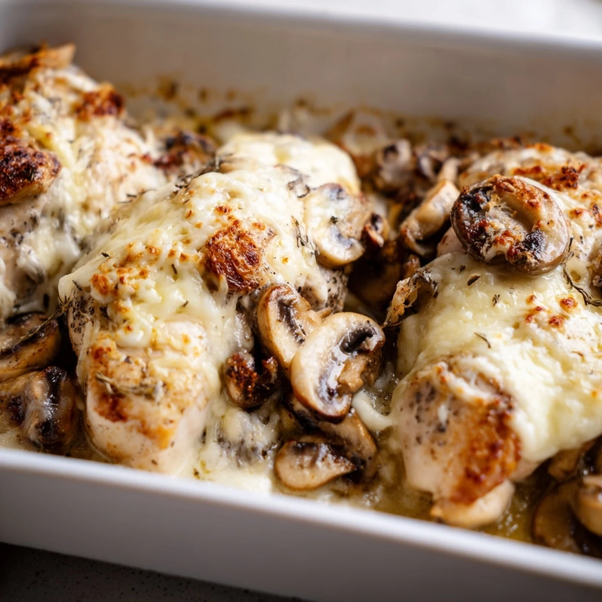 Savory chicken pieces bake under a layer of melted cheese and tender mushrooms for this easy cheesy baked chicken main