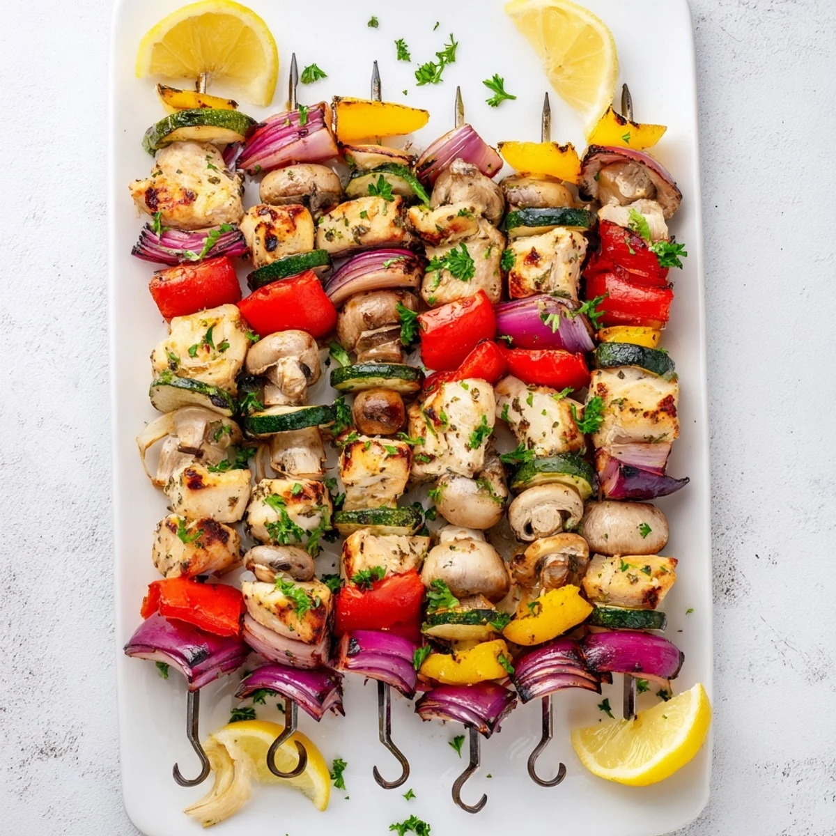 Golden grilled chicken kabobs with vegetables recipe featuring juicy marinated meat and colorful charred peppers