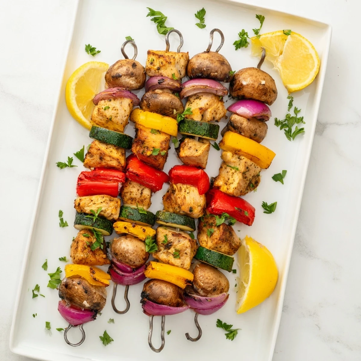 Perfect summer grilled chicken kabobs with vegetables recipe displaying tender chicken pieces alongside crisp grilled produce