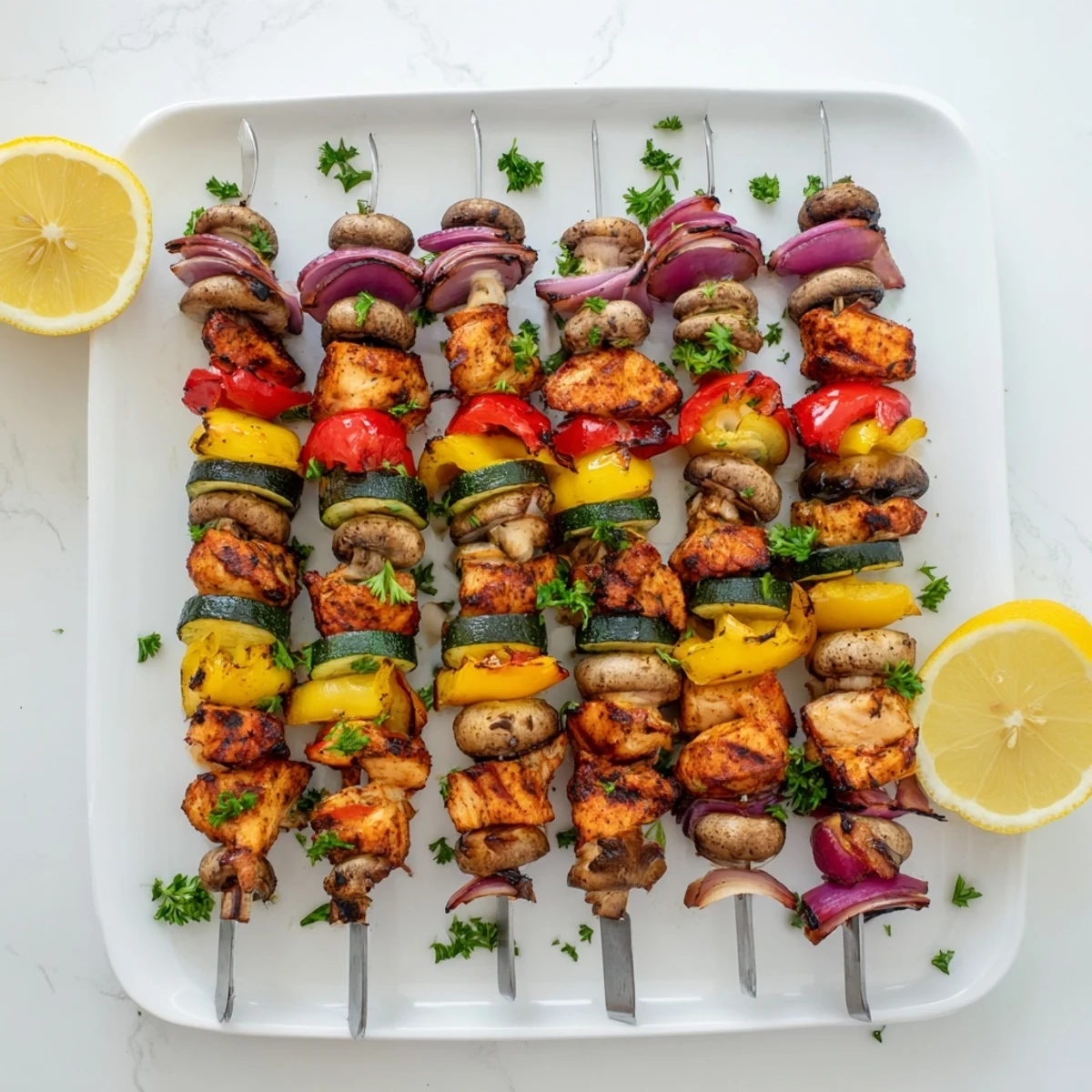 Mediterranean-style grilled chicken kabobs with vegetables recipe stacked on skewers with zucchini, onions, and mushrooms