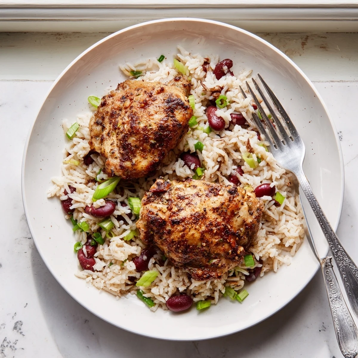 Golden brown jerk chicken resting atop creamy coconut rice with red kidney beans