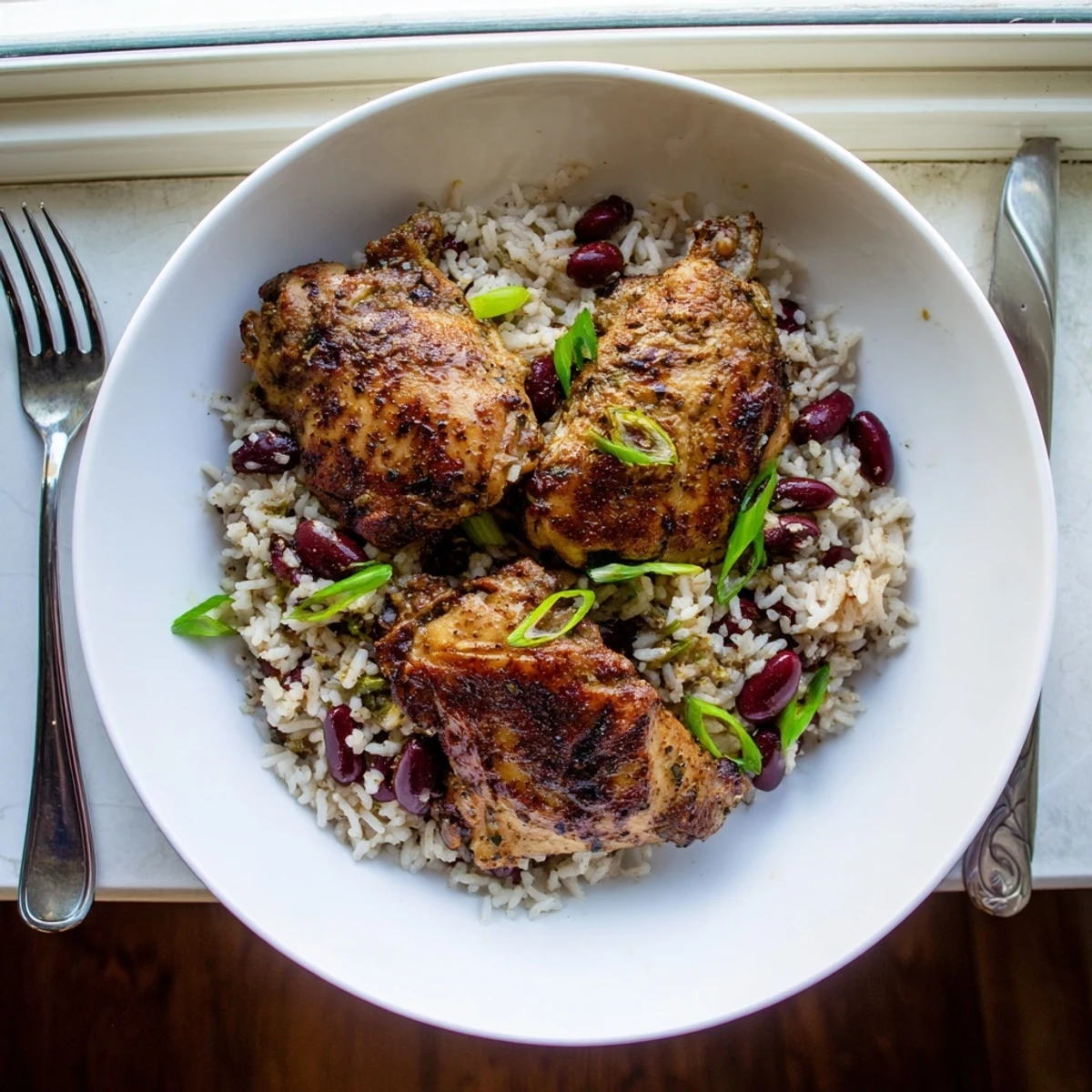 Plate of authentic jerk chicken with coconut rice garnished with fresh green onions