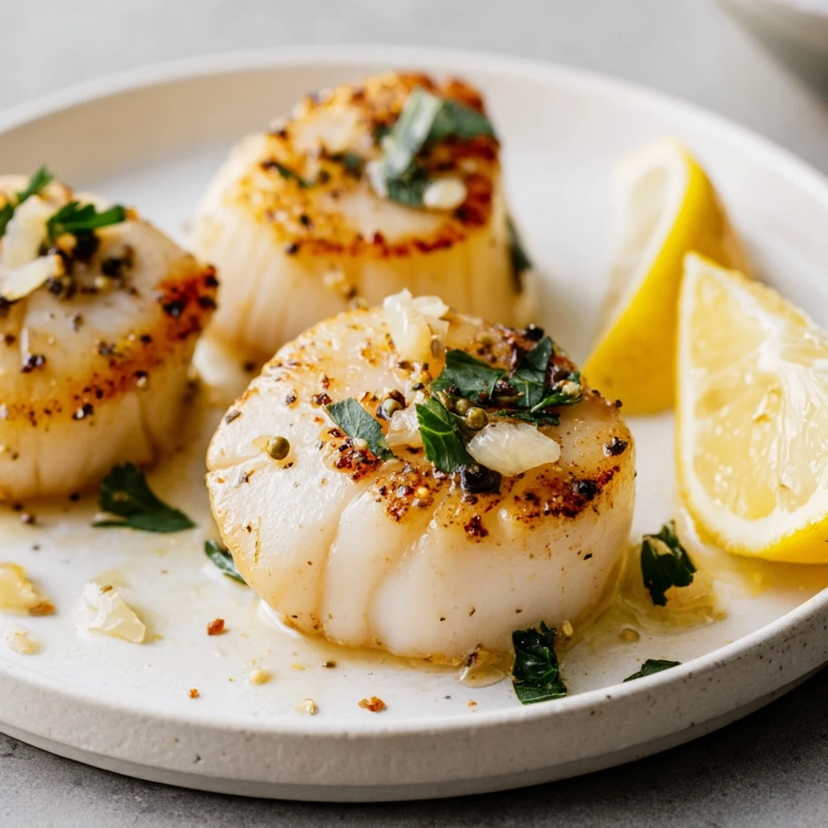 Juicy scallops with garlic herb crust served alongside bright citrus for elegant dinner