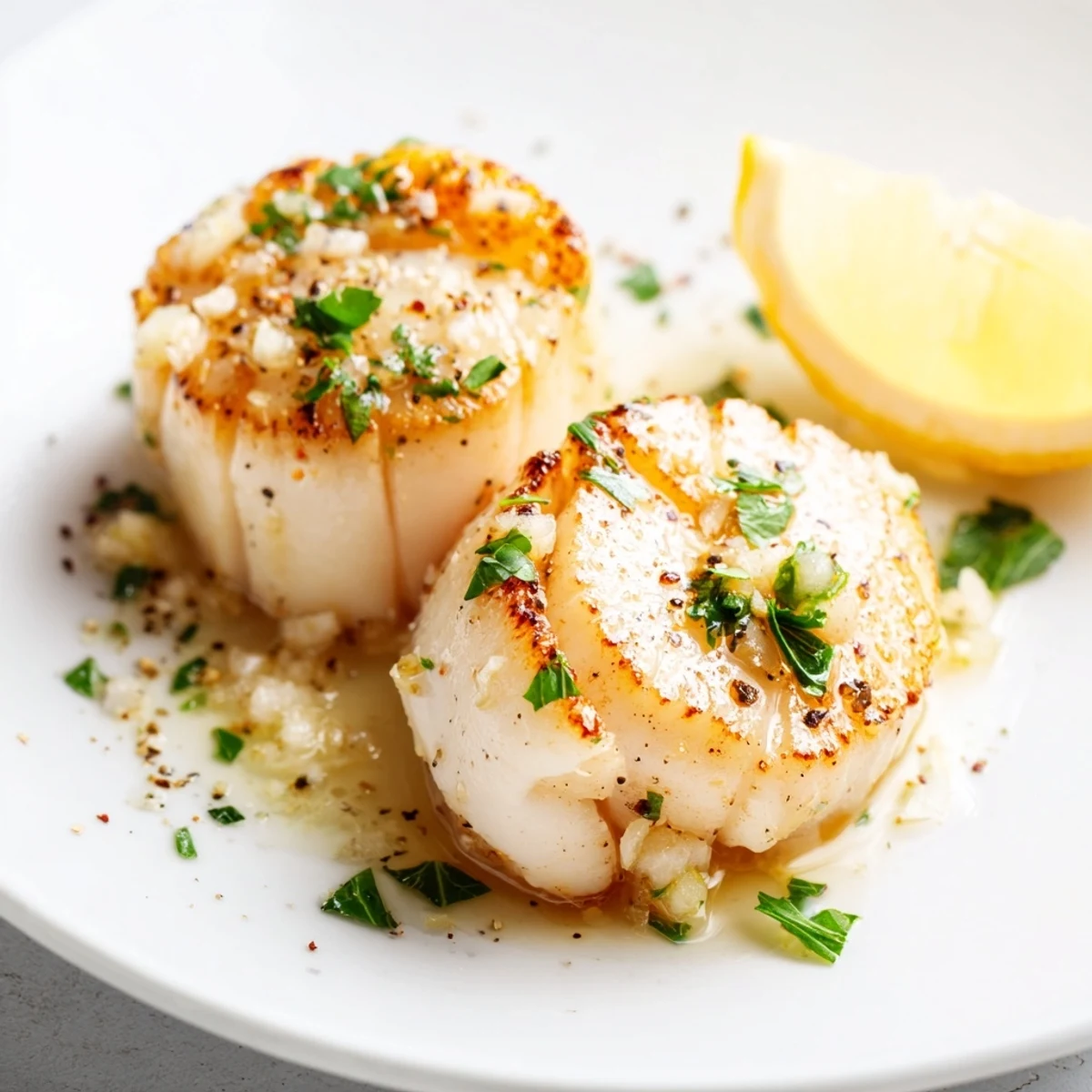 Plump grilled scallops arranged on white plate after perfect high heat searing