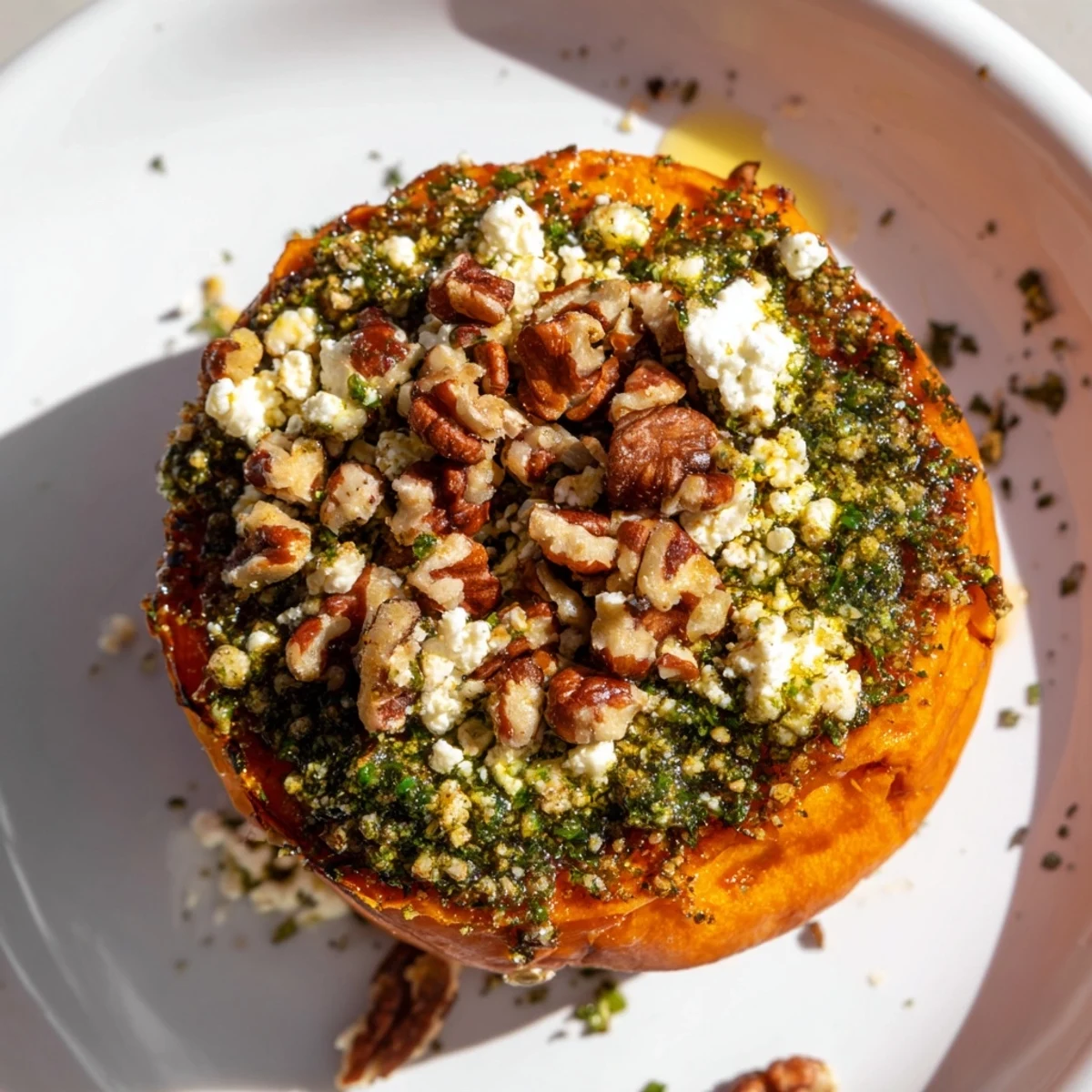 Golden roasted sweet potato rounds topped with crumbled feta cheese and sweet honey drizzle