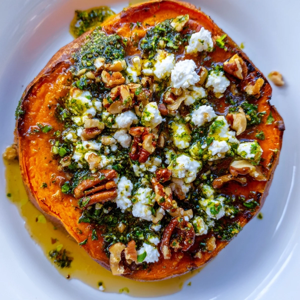 Honey feta sweet potato crostini arranged on serving platter with vibrant green herb drizzle