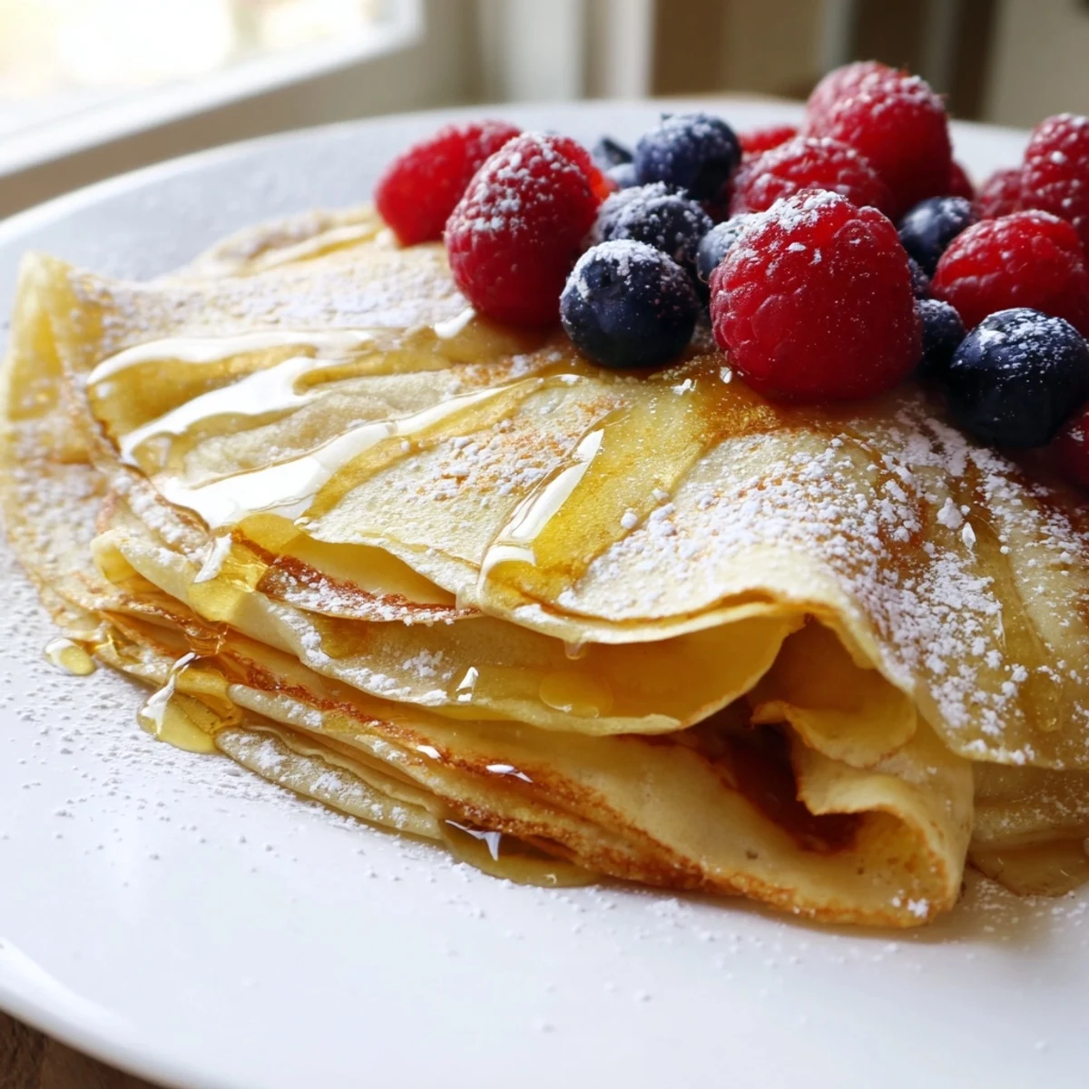 Golden honey cascades over delicate, thin French crepes served warm on a white plate